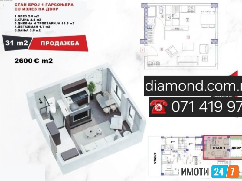 ATRAKTIVNA GARSONJERA UBAVICA SO DVOR VO CENTAR PESTALOCI